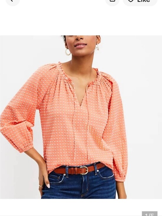 LOFT Tops - LOFT Small Coral Tie Neck Blouse Boho Chic Peasant Cottagecore Casual Smocked